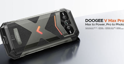 DOOGEE V Max Pro smartphone on a reflective surface with branding and product name displayed.
