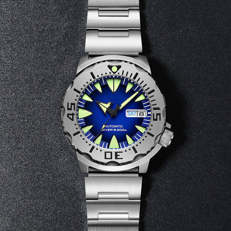 Stainless steel diver watch with blue luminous dial and date window