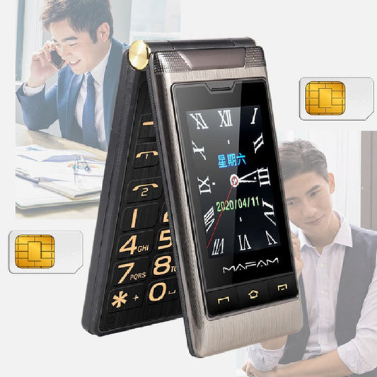 Flip phone with digital display and gold accents, shown open on a white background.