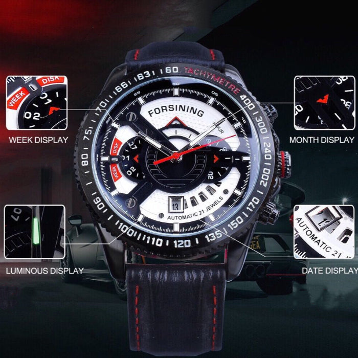 Forssining watch with detailed specifications on a dark background