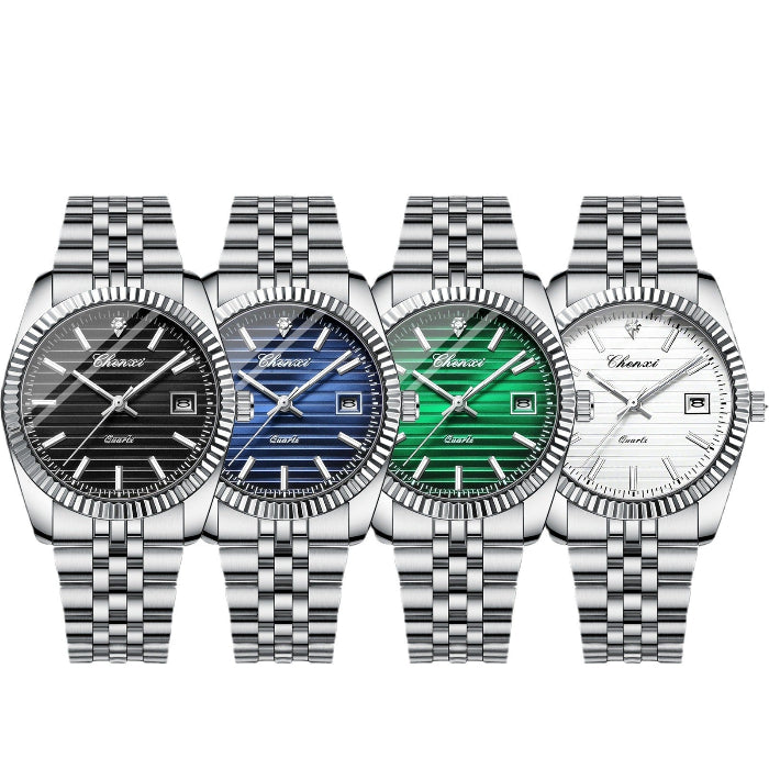 Four watches with different colored faces on a white background
