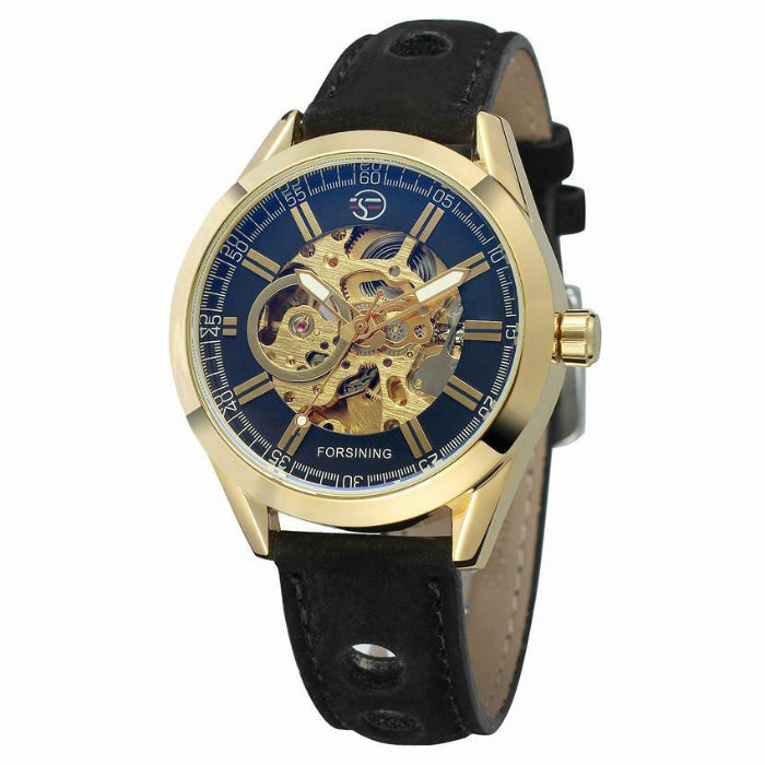 Gold case skeleton mechanical watch with black leather strap, blue open dial