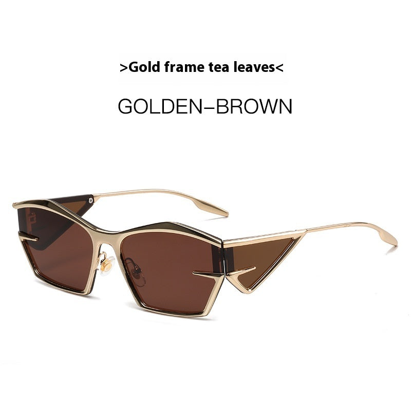 Gold-framed sunglasses with brown tinted lenses and angular full rims