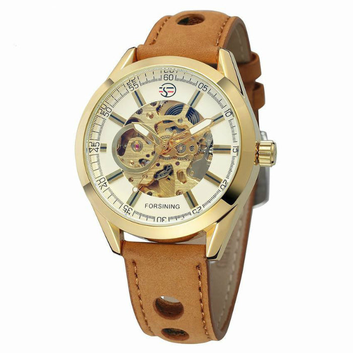 Gold case skeleton mechanical watch with tan leather strap, blue skeleton dial