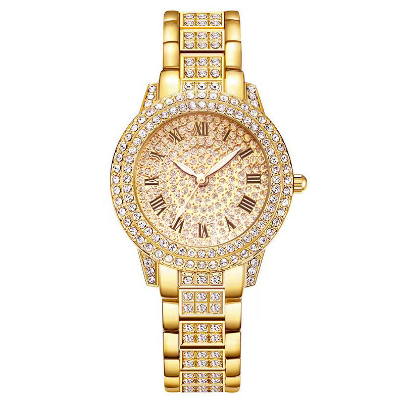 Women’s crystal wristwatch in gold tone, sparkling dial bezel and crystal link bracelet