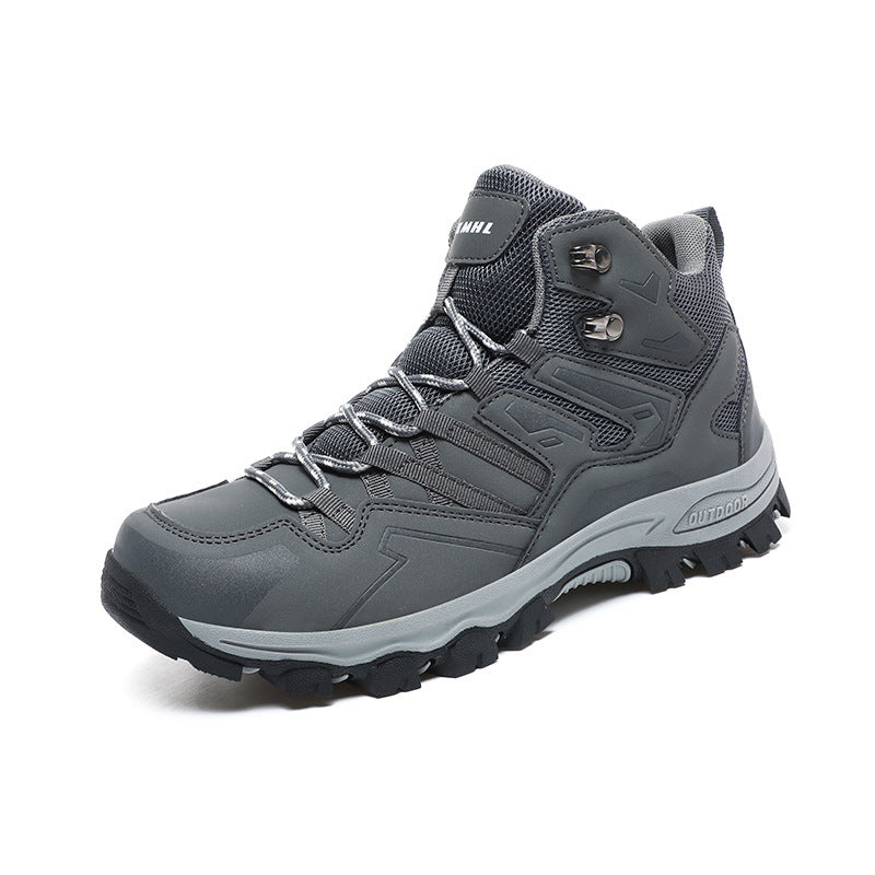 Dark gray high-top hiking sneakers with lace-up front and grippy rubber sole