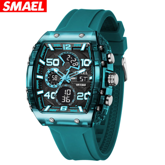 SMAEL 8109 Fashion Dual Time Analog Digital Watches Silicone Square Day Week Alarm Luminous Clock Waterproof Men Quartz Watch
