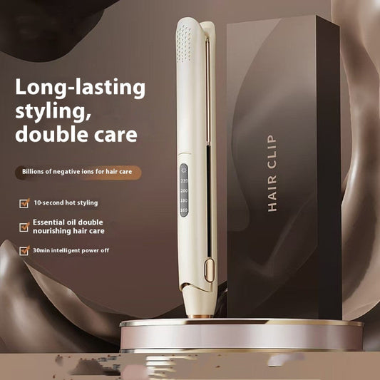 Hair straightener with packaging and features text on a dark background