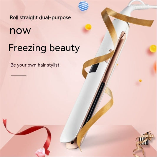 Hair straightener with decorative ribbons on a pink background