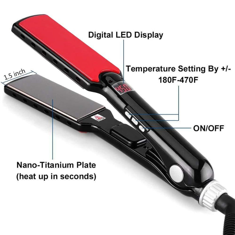 Hair straightener with labeled features on a white background