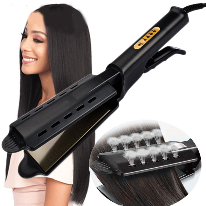 Hair steam straightener with black steam-hole plates, angled view with gold trim