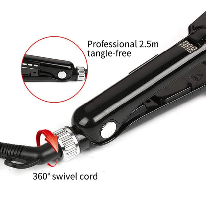 Hair straightener with tangle-free cord and 360° swivel cord features on a white background