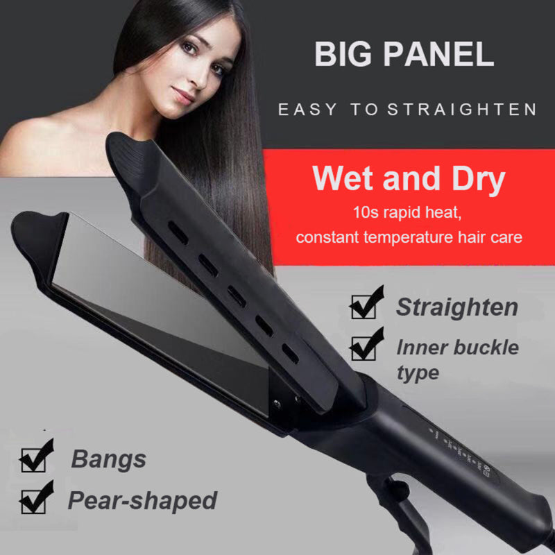 Hair steam straightener big panel wet and dry flat iron, black body with grip
