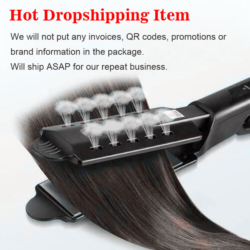 Hair steam straightener close-up with steam vents releasing mist over dark hair