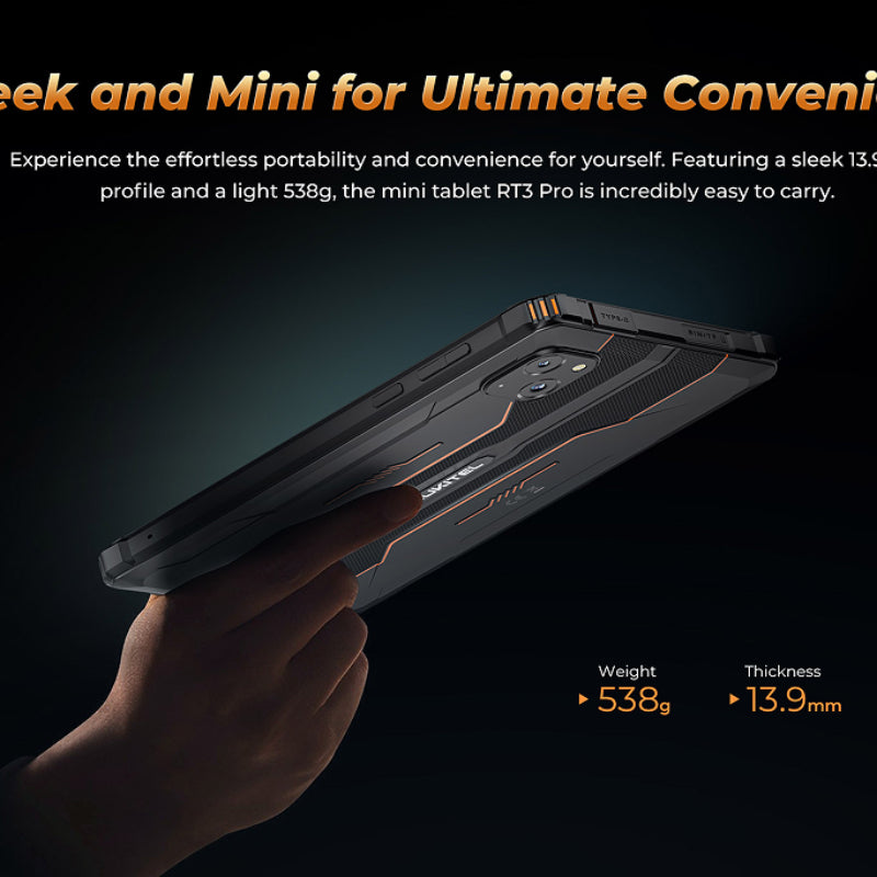 Hand holding a mini tablet with text about its portability and convenience on a dark background