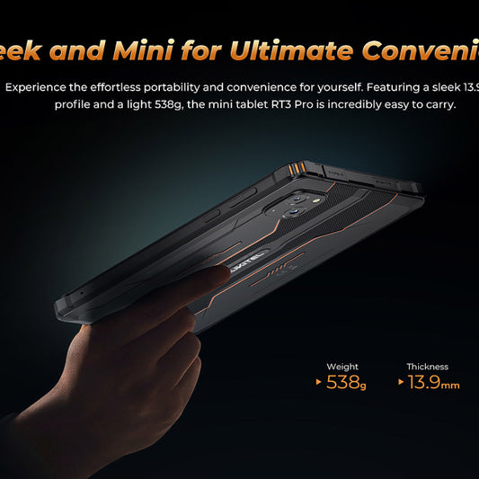 Hand holding a mini tablet with text about its portability and convenience on a dark background