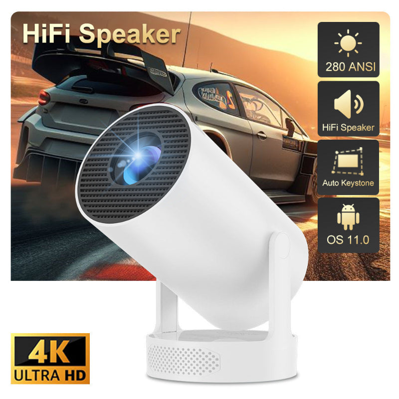 White projector with car in the background, featuring text about features like 280 ANSI and 4K Ultra HD.