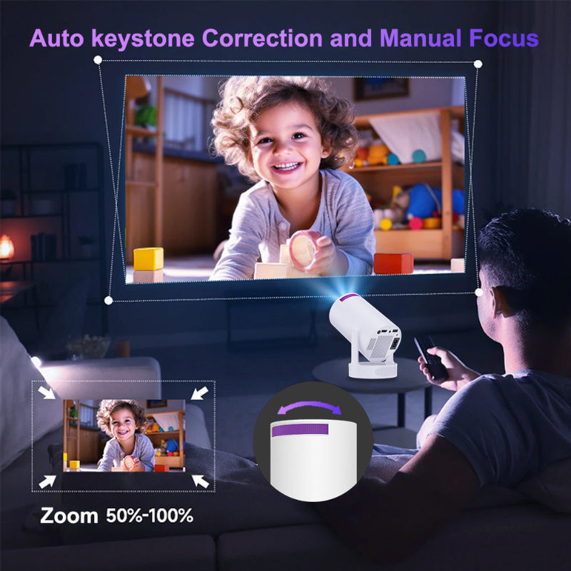 Child playing with a toy on a screen projected by a portable projector, with text highlighting features like auto keystone correction and manual focus.