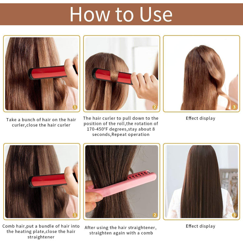 Instructions on how to use a hair straightener with step-by-step images.