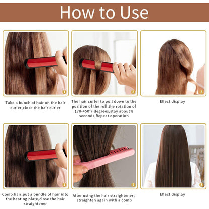 Instructions on how to use a hair straightener with step-by-step images.