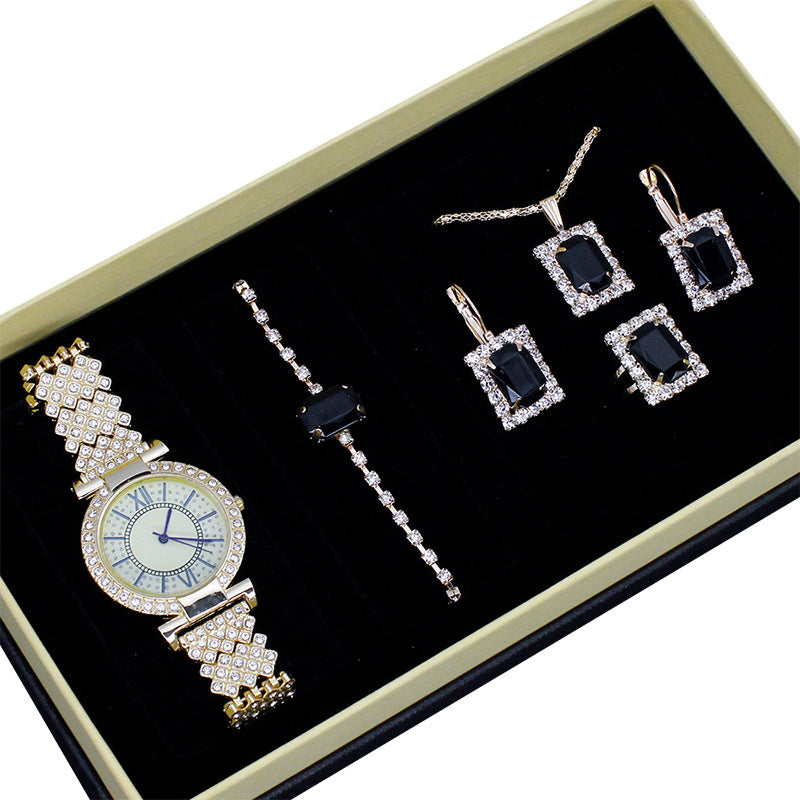 Women’s watch and jewelry set in box: rhinestone watch, tennis bracelet, and square drop earrings