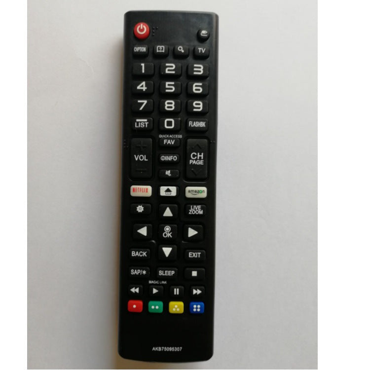 LG TV Black remote control with various buttons on a light gray background