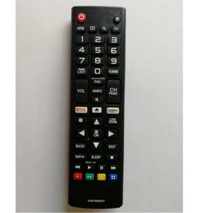 LG TV Black remote control with various buttons on a light gray background