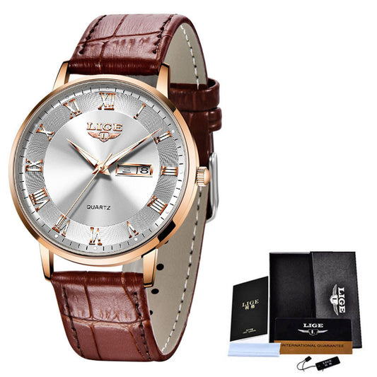 Watch with brown leather strap and silver dial, accompanied by a box and cleaning cloth on a white background.