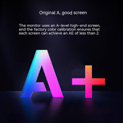 Large letter 'A' with colorful gradient and 'A+' symbol on a dark background, text about monitor screen quality.