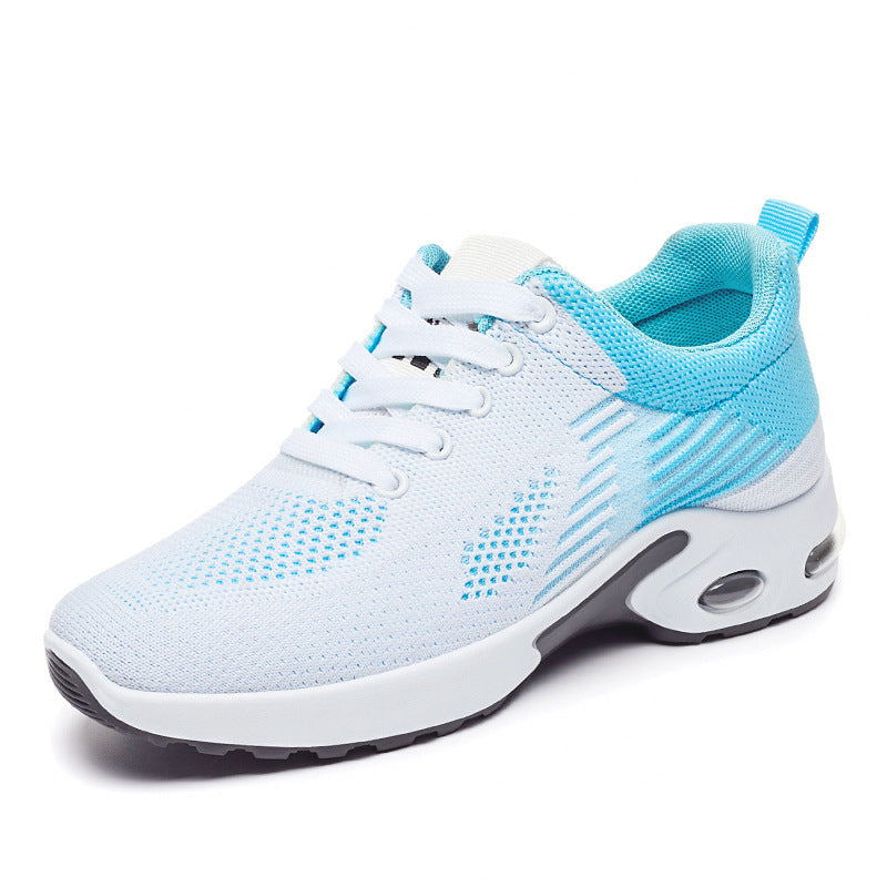 Breathable flyknit running shoe, light blue and white lace-up with oval air-cushion