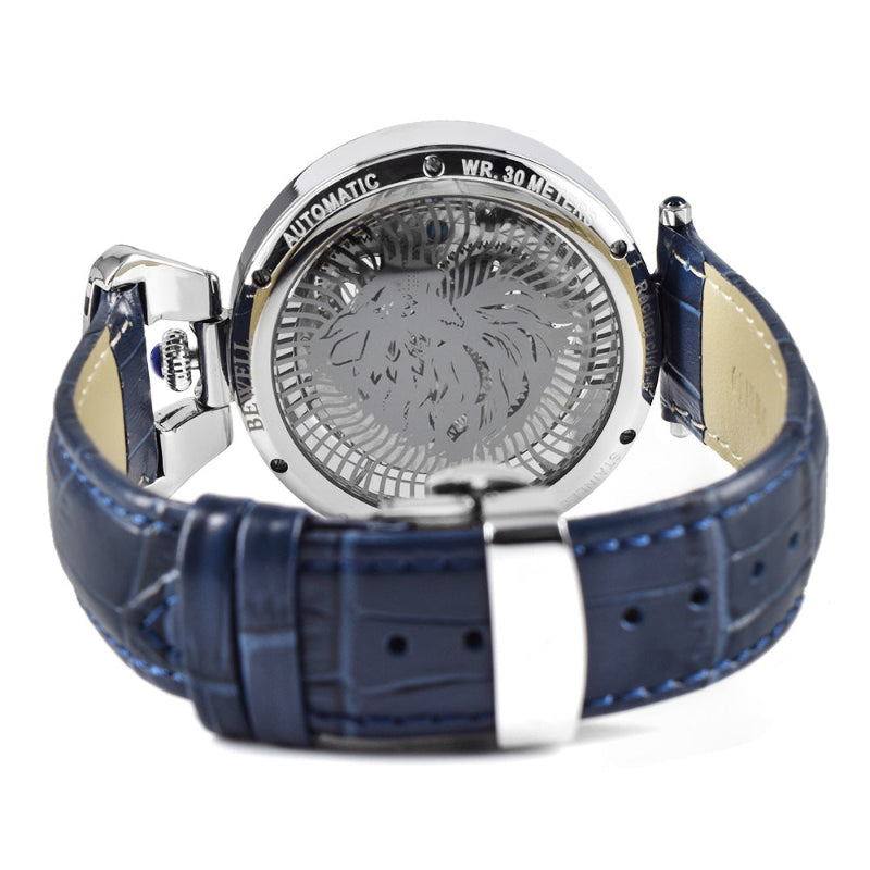 Luxury Men's Wristwatch with blue strap and silver case on a white background