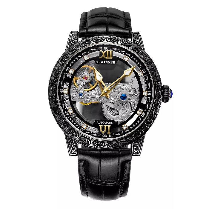 Luxury black watch with intricate design on a white background