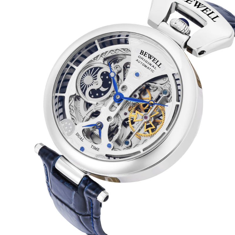 Mechanical watch with blue strap and visible brand name on a white background