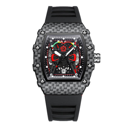 Quartz wristwatch with black carbon-fiber case, black silicone band, red skeleton dial.