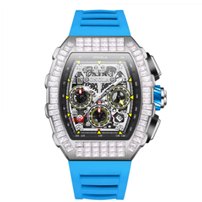 Luxury watch with blue strap and diamond-studded case on white background