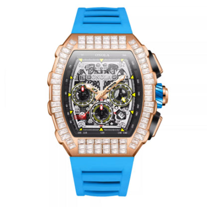 Luxury watch with blue strap and rose gold case on white background