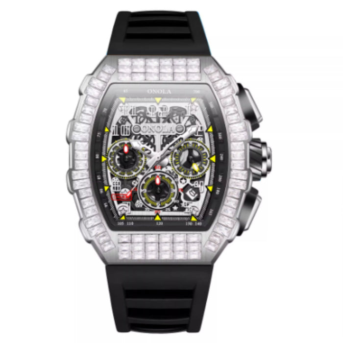 Luxury watch with diamond-studded case and black strap on white background
