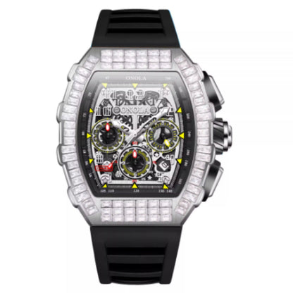 Luxury watch with diamond-studded case and black strap on white background