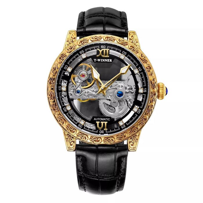 Luxury watch with gold case, black strap, and intricate design on a white background