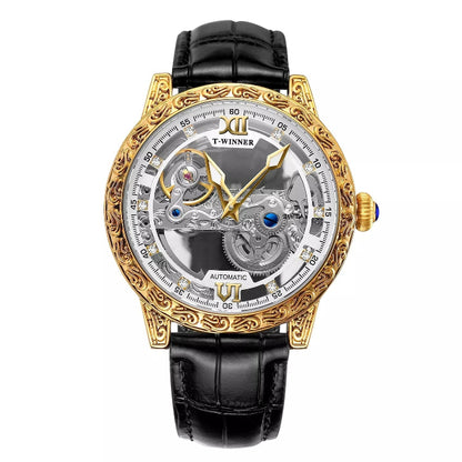 Luxury watch with gold case, black leather strap, and intricate design on a white background