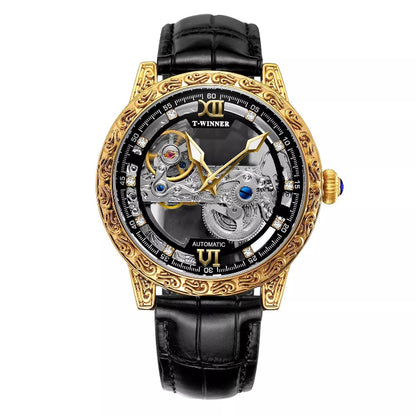 Luxury watch with gold case, black strap, and intricate design on a white background