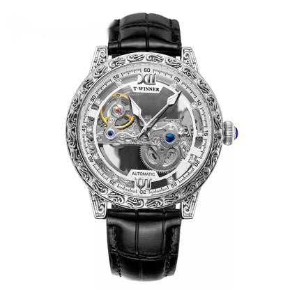 Luxury watch with intricate design and black leather strap on white background