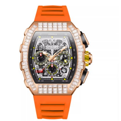 Luxury watch with orange strap and diamond-studded case on white background