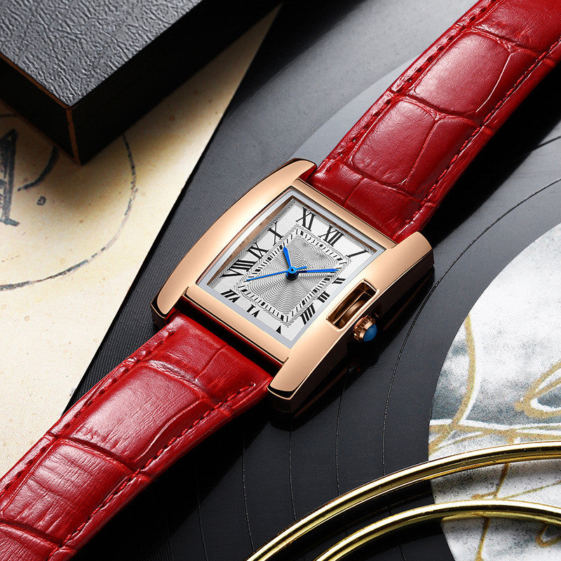 Rectangular quartz leather watch with red leather strap and rose gold-toned case