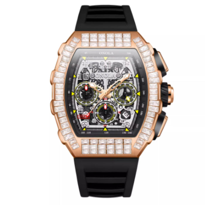 Luxury watch with rose gold case, black strap, and diamond accents on a white background