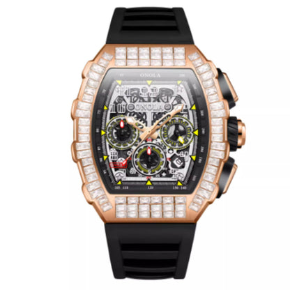 Luxury watch with rose gold case, black strap, and diamond accents on a white background