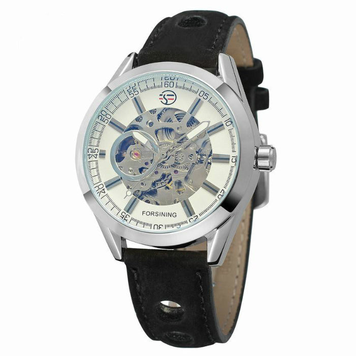 Skeleton mechanical watch with black leather strap and silver bezel, blue see-through dial