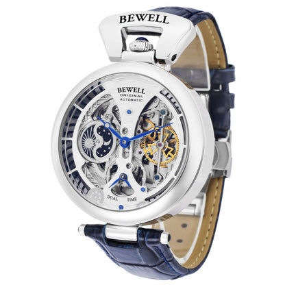 Mechanical watch with blue strap and visible brand name on a white background