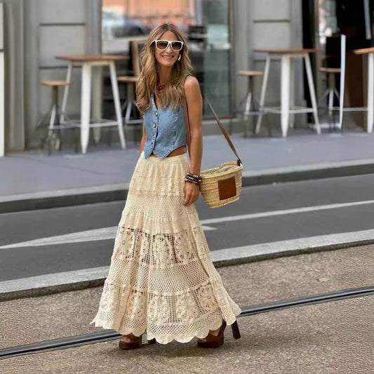 A-Line Crochet Lace Patchwork Knit Skirt