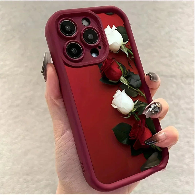 Wine red soft phone case with rose vine design along the back